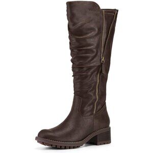 Women's Coffee Mysoft Knee High Boots Chunky Heel Lug Sole Side Zipper 2 Inch